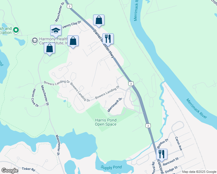map of restaurants, bars, coffee shops, grocery stores, and more near 7 Bowers Landing Drive in Merrimack