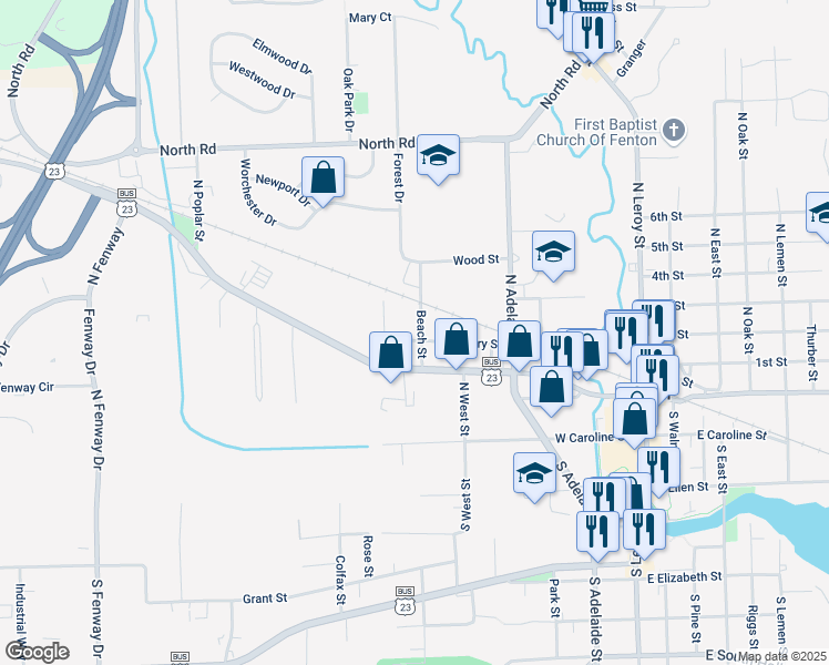 map of restaurants, bars, coffee shops, grocery stores, and more near 624 Hickory Street in Fenton