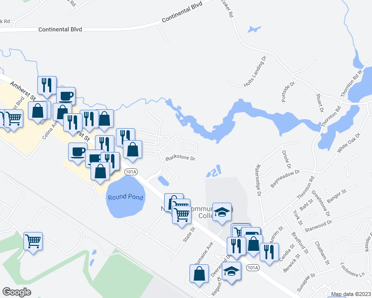 map of restaurants, bars, coffee shops, grocery stores, and more near 245 Stonebridge Drive in Nashua