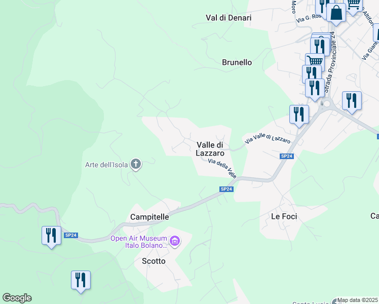 map of restaurants, bars, coffee shops, grocery stores, and more near 59 Via Valle di Lazzaro in Valle di Lazzaro