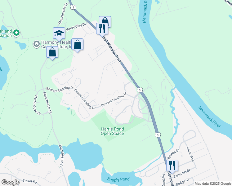 map of restaurants, bars, coffee shops, grocery stores, and more near 7 Bowers Landing Drive in Merrimack