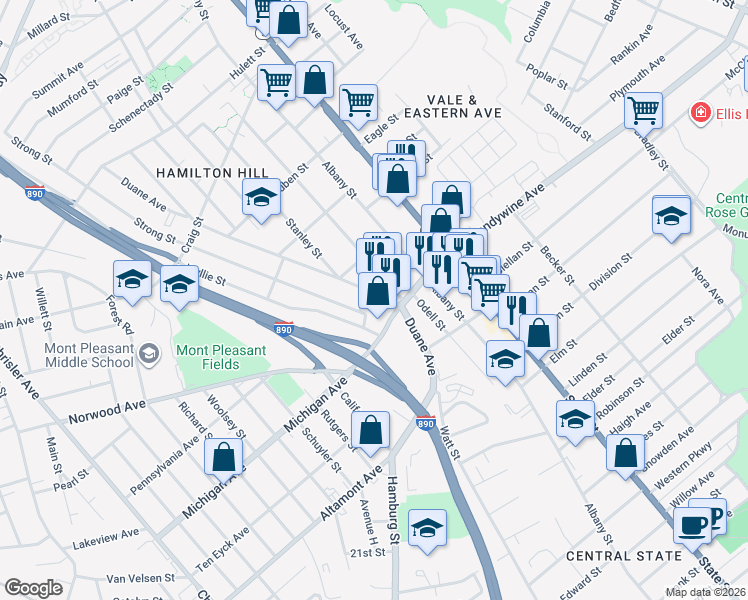 map of restaurants, bars, coffee shops, grocery stores, and more near 390 Duane Avenue in Schenectady