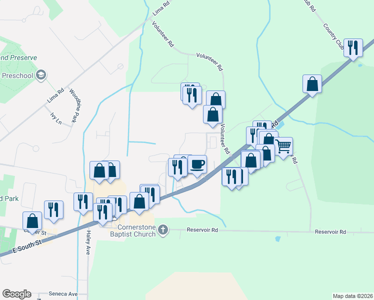 map of restaurants, bars, coffee shops, grocery stores, and more near 4500 Millennium Drive in Geneseo