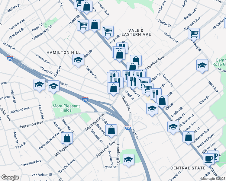 map of restaurants, bars, coffee shops, grocery stores, and more near 390 Duane Avenue in Schenectady