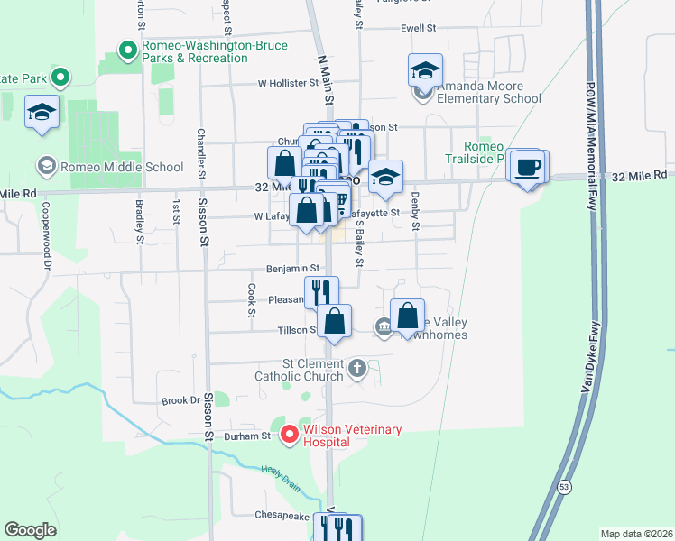 map of restaurants, bars, coffee shops, grocery stores, and more near 209 South Main Street in Romeo