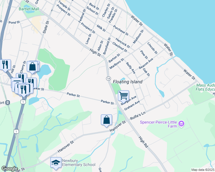 map of restaurants, bars, coffee shops, grocery stores, and more near 18 High Street in Newbury