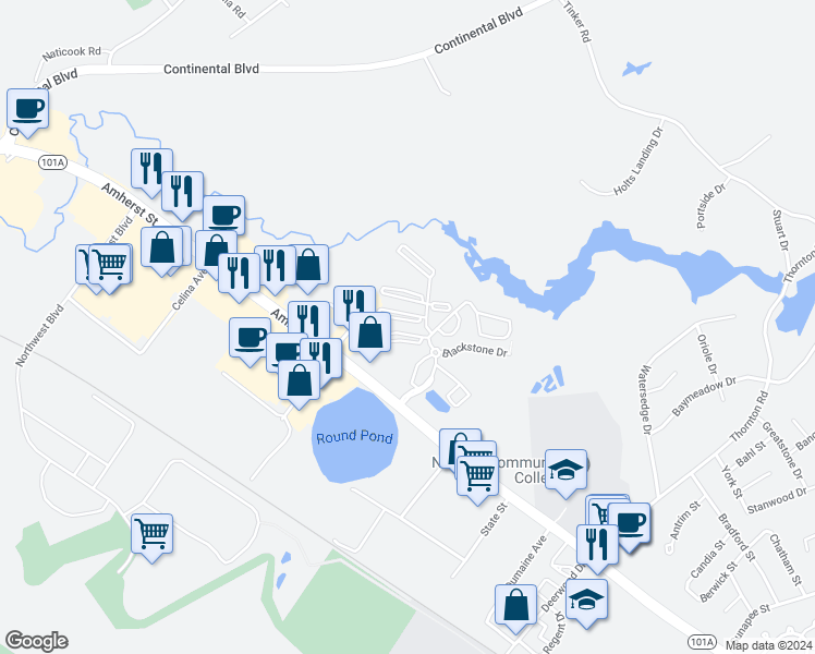 map of restaurants, bars, coffee shops, grocery stores, and more near 3 Roedean Drive in Nashua