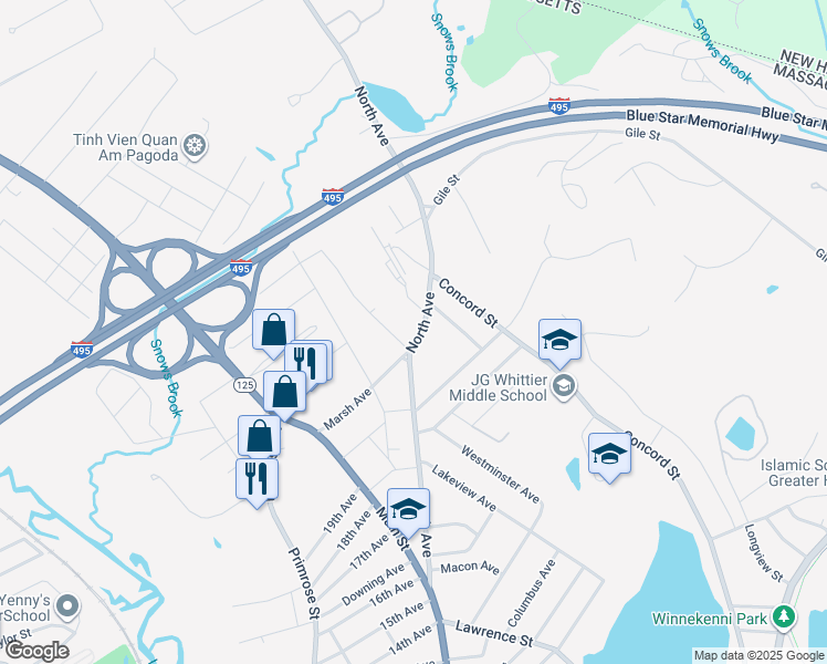 map of restaurants, bars, coffee shops, grocery stores, and more near 158 North Avenue in Haverhill