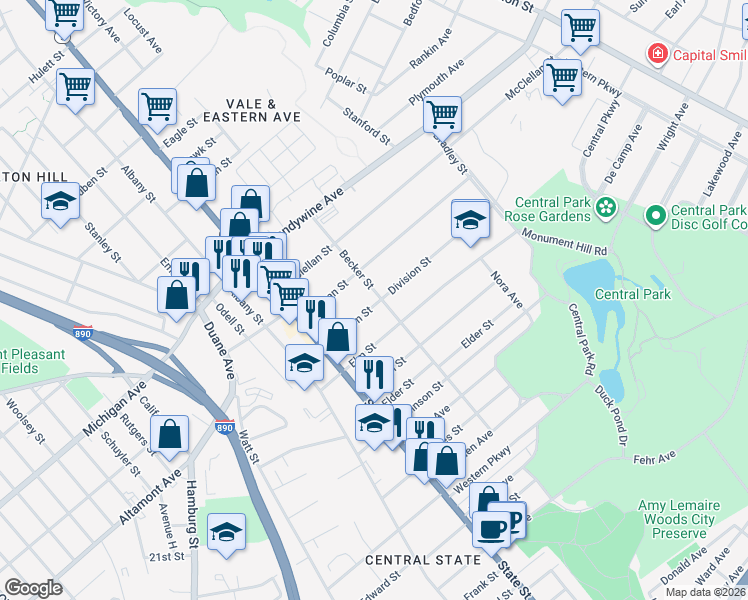 map of restaurants, bars, coffee shops, grocery stores, and more near 96 Division Street in Schenectady
