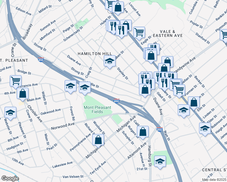 map of restaurants, bars, coffee shops, grocery stores, and more near 73 Wyllie Street in Schenectady