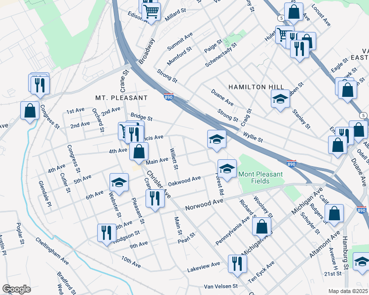map of restaurants, bars, coffee shops, grocery stores, and more near 1038 Holland Road in Schenectady