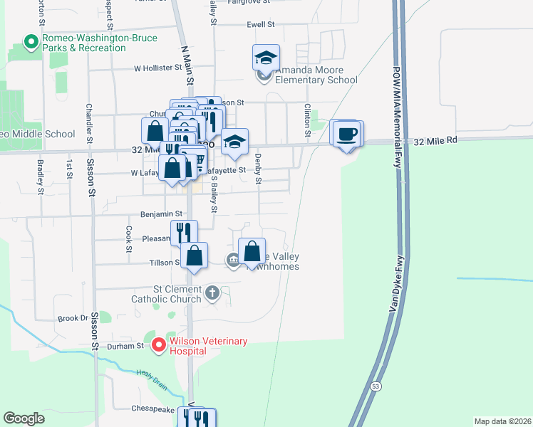 map of restaurants, bars, coffee shops, grocery stores, and more near 116 Spring Street in Romeo