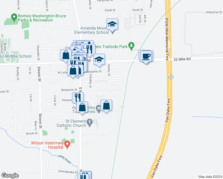 map of restaurants, bars, coffee shops, grocery stores, and more near 116 Spring Street in Romeo