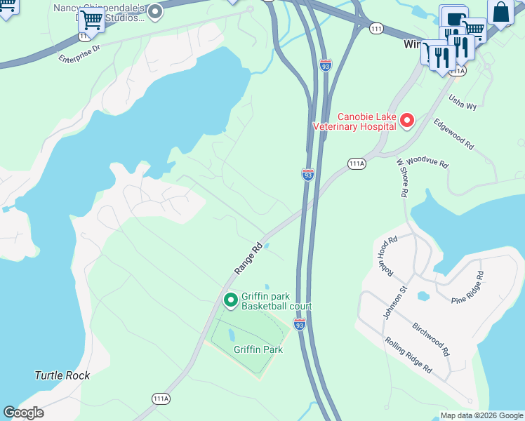 map of restaurants, bars, coffee shops, grocery stores, and more near 6 Harvest Road in Windham