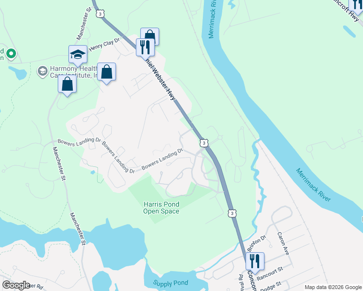 map of restaurants, bars, coffee shops, grocery stores, and more near 8 Bowers Landing Drive in Merrimack
