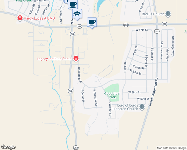 map of restaurants, bars, coffee shops, grocery stores, and more near 1600 Goodstein Drive in Casper