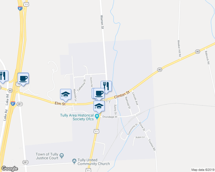 map of restaurants, bars, coffee shops, grocery stores, and more near 24 Warren Street in Tully