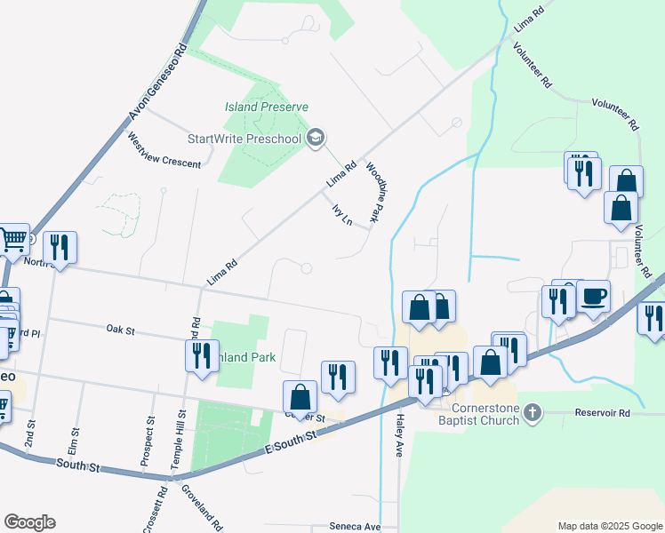map of restaurants, bars, coffee shops, grocery stores, and more near 55 Woodbine Park in Geneseo