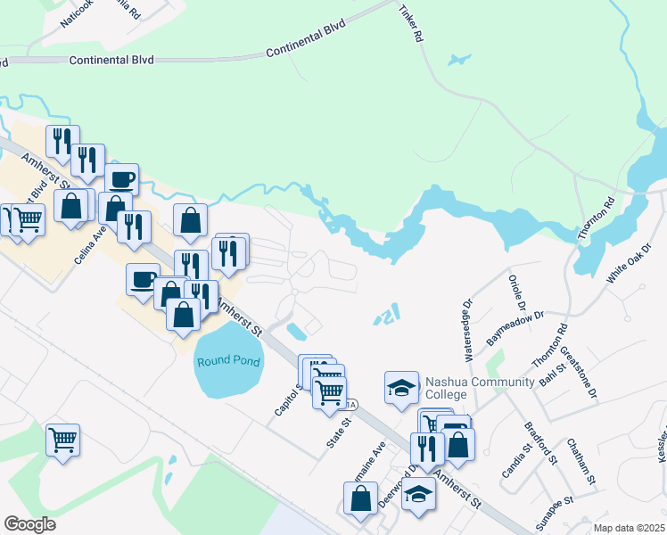 map of restaurants, bars, coffee shops, grocery stores, and more near 270 Stonebridge Drive in Nashua
