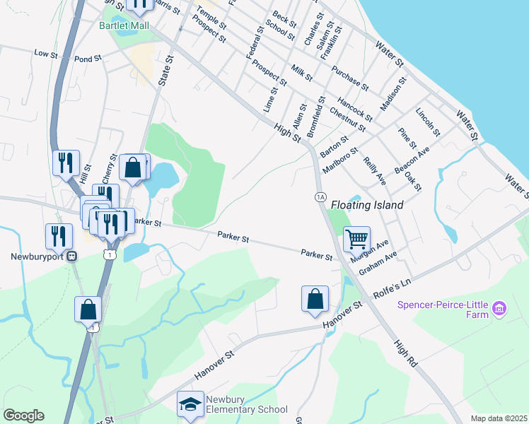 map of restaurants, bars, coffee shops, grocery stores, and more near 30R Parker Street in Newbury