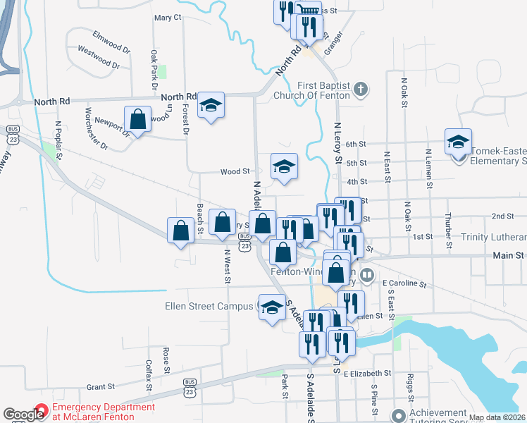 map of restaurants, bars, coffee shops, grocery stores, and more near 401 Lincoln Street in Fenton