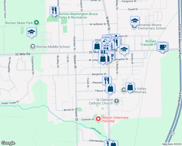 map of restaurants, bars, coffee shops, grocery stores, and more near 167 Benjamin Street in Romeo
