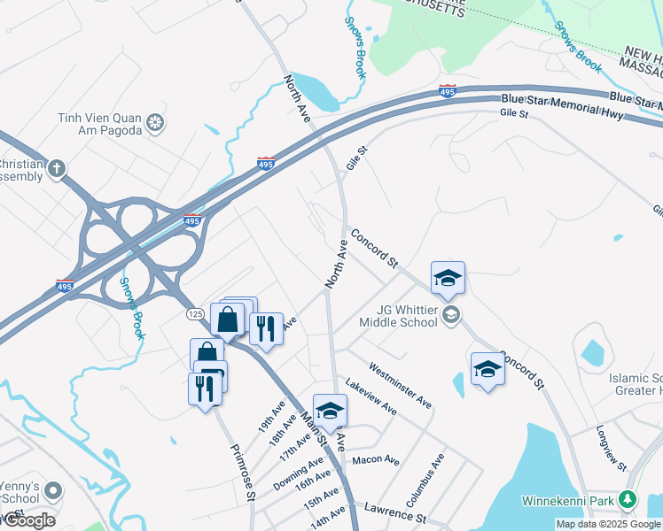 map of restaurants, bars, coffee shops, grocery stores, and more near 158 North Avenue in Haverhill
