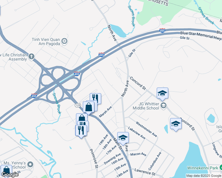 map of restaurants, bars, coffee shops, grocery stores, and more near 16 Tenadel Avenue in Haverhill