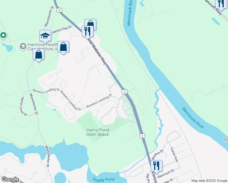map of restaurants, bars, coffee shops, grocery stores, and more near 27 Suncook Terrace in Merrimack