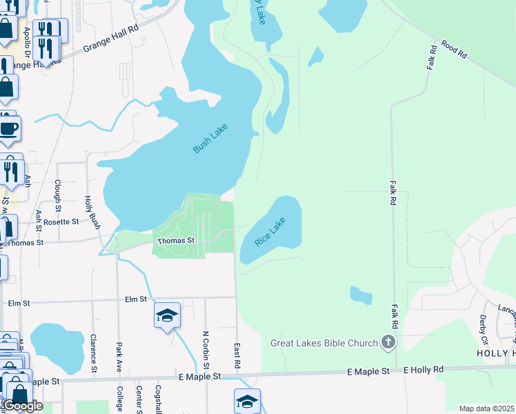 map of restaurants, bars, coffee shops, grocery stores, and more near 454 East Road in Holly