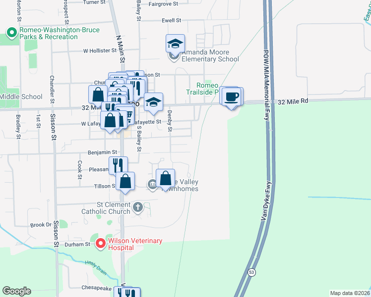 map of restaurants, bars, coffee shops, grocery stores, and more near 343 Spring Street in Romeo