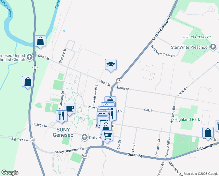 map of restaurants, bars, coffee shops, grocery stores, and more near 2 Main Street in Geneseo