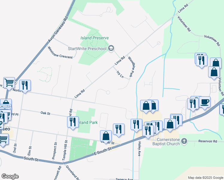 map of restaurants, bars, coffee shops, grocery stores, and more near 55 Woodbine Park in Geneseo