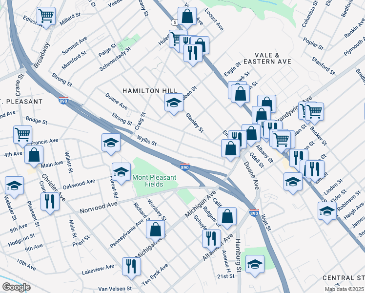 map of restaurants, bars, coffee shops, grocery stores, and more near 73 Wyllie Street in Schenectady