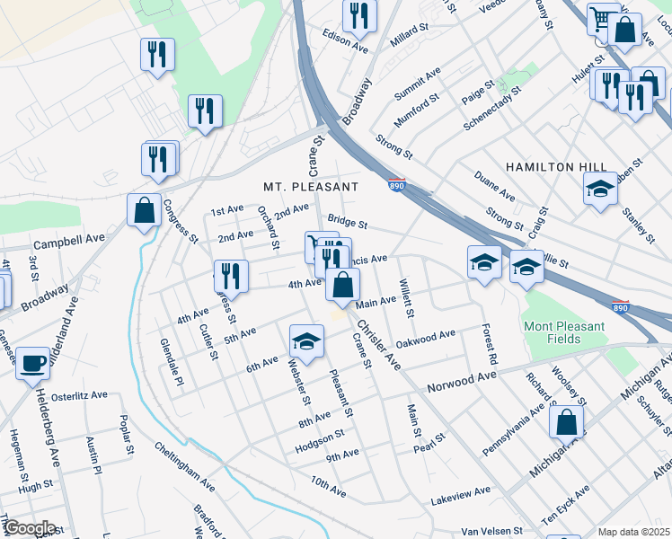 map of restaurants, bars, coffee shops, grocery stores, and more near 906 Crane Street in Schenectady