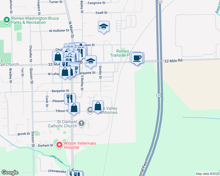 map of restaurants, bars, coffee shops, grocery stores, and more near 116 Spring Street in Romeo