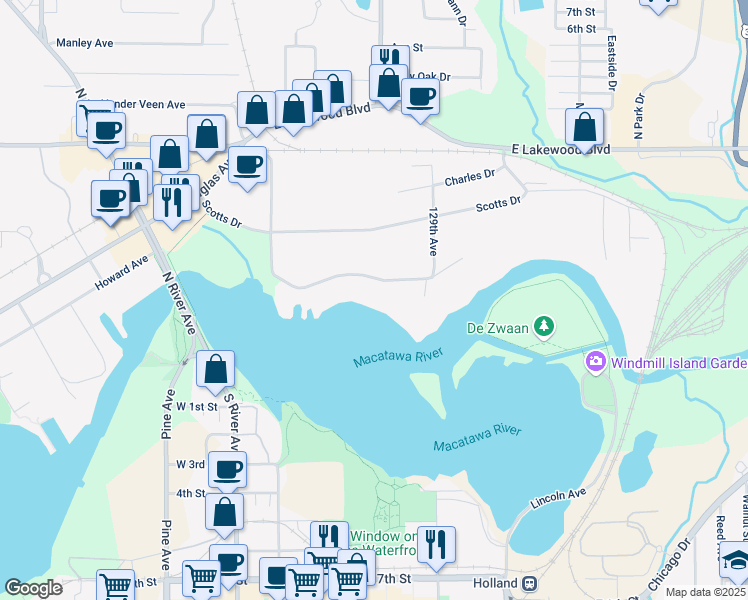 map of restaurants, bars, coffee shops, grocery stores, and more near 122 River Hills Drive in Holland