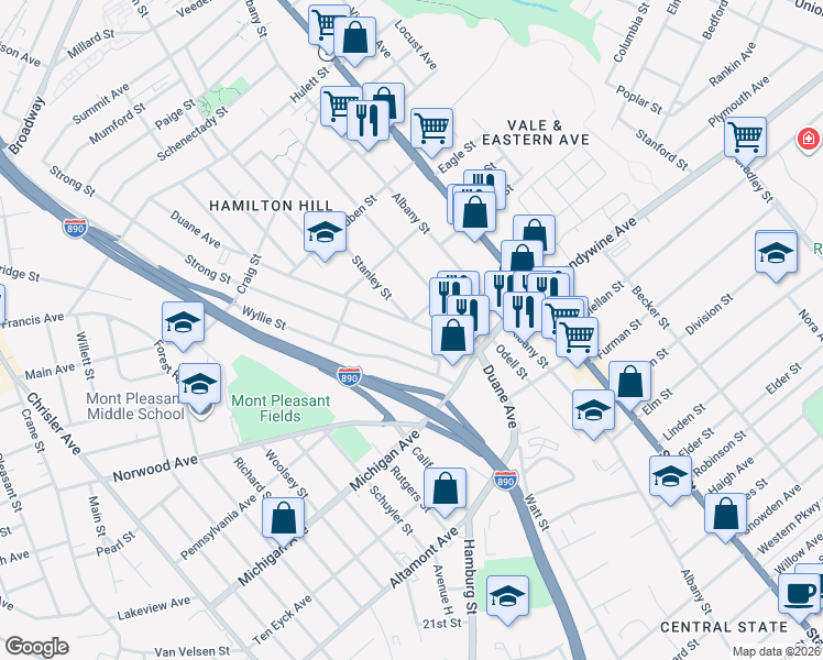 map of restaurants, bars, coffee shops, grocery stores, and more near 358 Duane Avenue in Schenectady