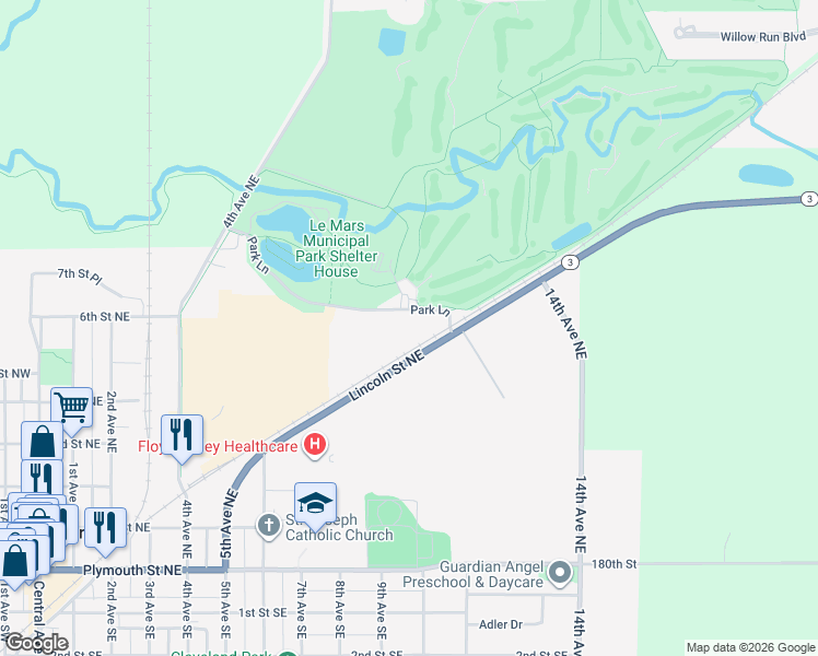 map of restaurants, bars, coffee shops, grocery stores, and more near 1 Park Lane in Le Mars