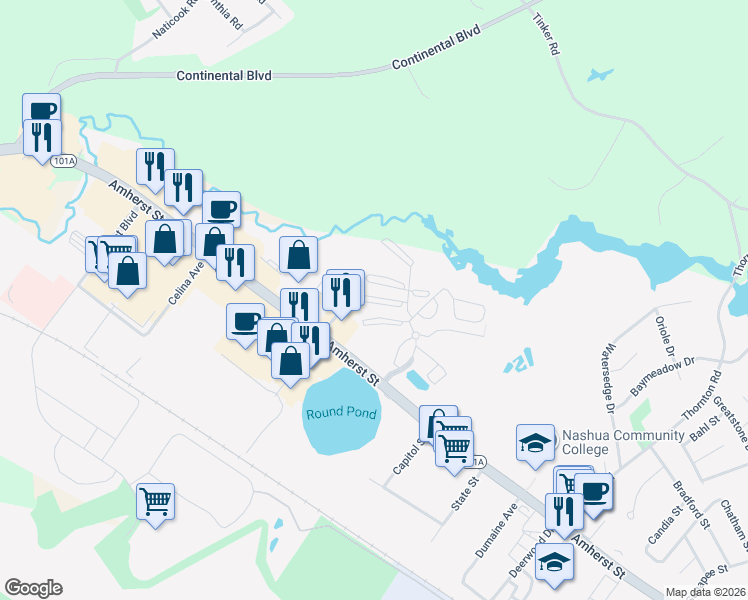 map of restaurants, bars, coffee shops, grocery stores, and more near 4 New Haven Drive in Nashua