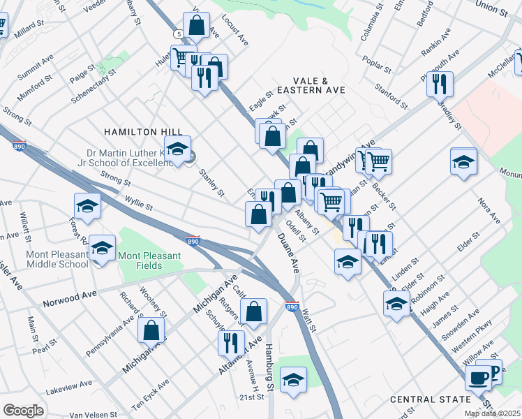 map of restaurants, bars, coffee shops, grocery stores, and more near 390 Duane Avenue in Schenectady