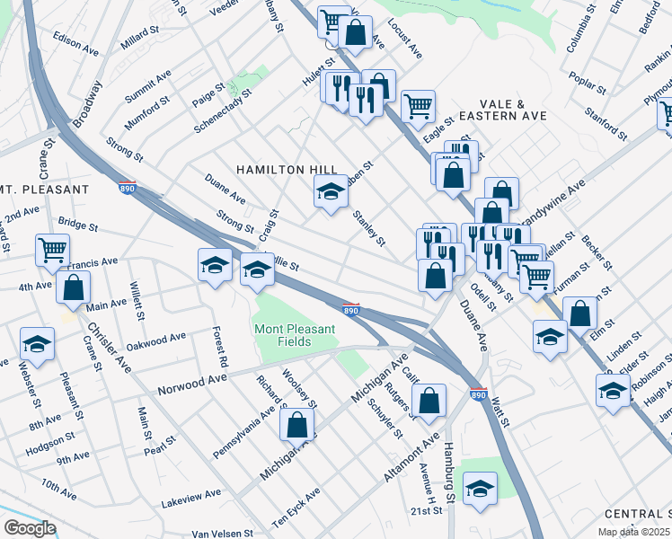 map of restaurants, bars, coffee shops, grocery stores, and more near 73 Wyllie Street in Schenectady