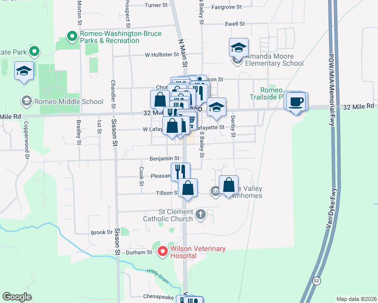 map of restaurants, bars, coffee shops, grocery stores, and more near 209 South Main Street in Romeo