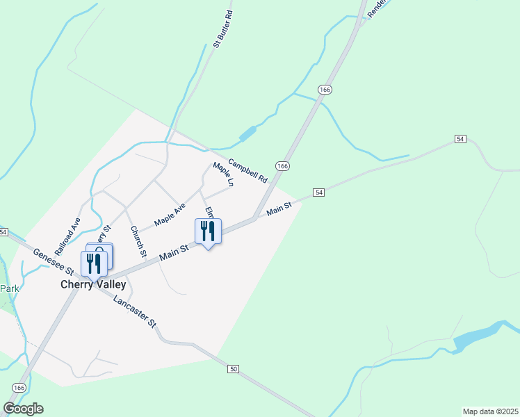map of restaurants, bars, coffee shops, grocery stores, and more near Fort Plain Road in Cherry Valley