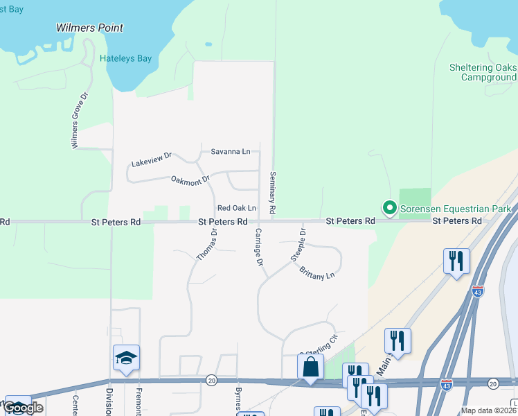 map of restaurants, bars, coffee shops, grocery stores, and more near Carriage Drive in East Troy