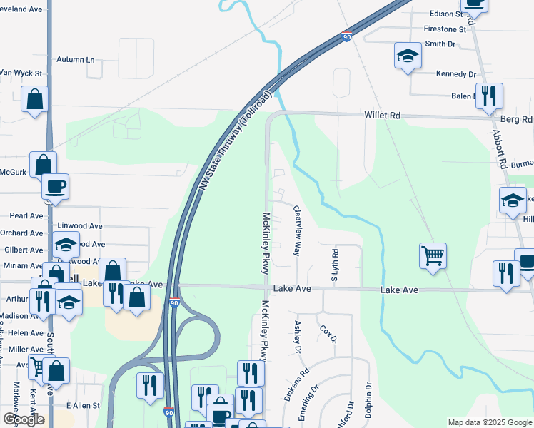 map of restaurants, bars, coffee shops, grocery stores, and more near 1321 McKinley Parkway in Buffalo