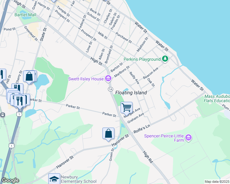 map of restaurants, bars, coffee shops, grocery stores, and more near 18 High Street in Newbury