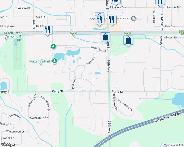 map of restaurants, bars, coffee shops, grocery stores, and more near 226 Parkside Drive in Zeeland