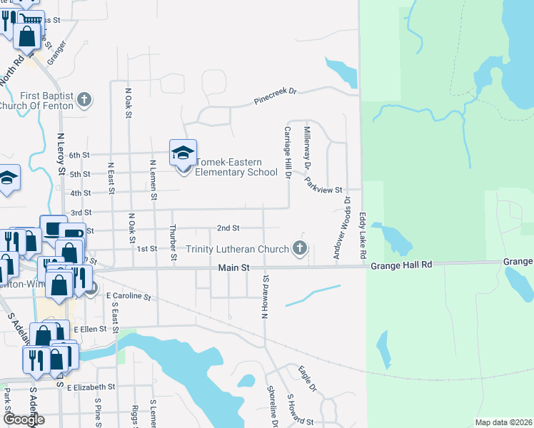 map of restaurants, bars, coffee shops, grocery stores, and more near 910 2nd Street in Fenton