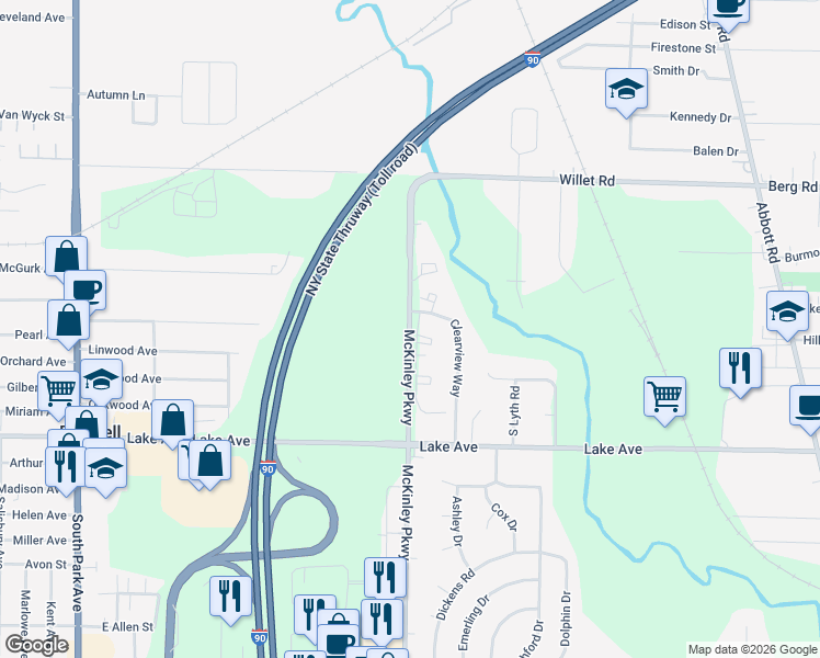 map of restaurants, bars, coffee shops, grocery stores, and more near 1163 McKinley Parkway in Buffalo